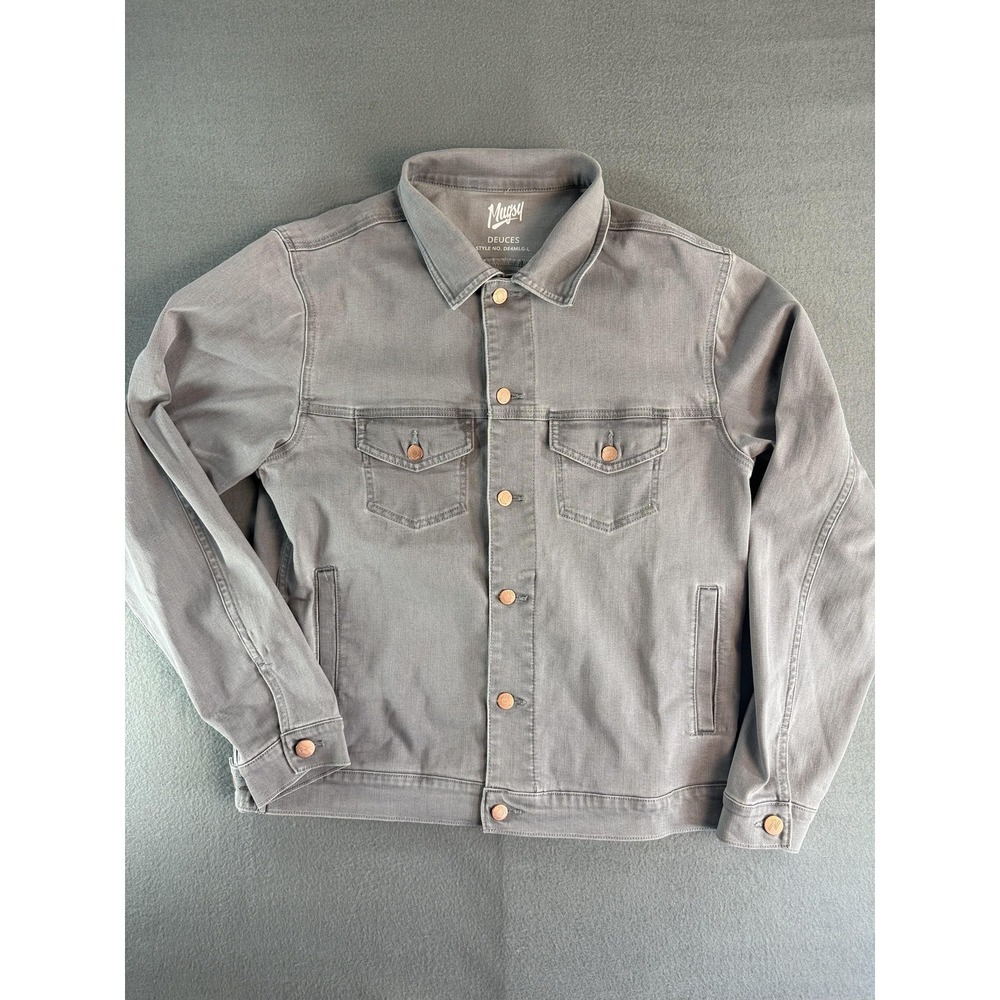Mugsy Deuces Jacket Mens Large Gray Denim Button Front Lined Casual Bomber